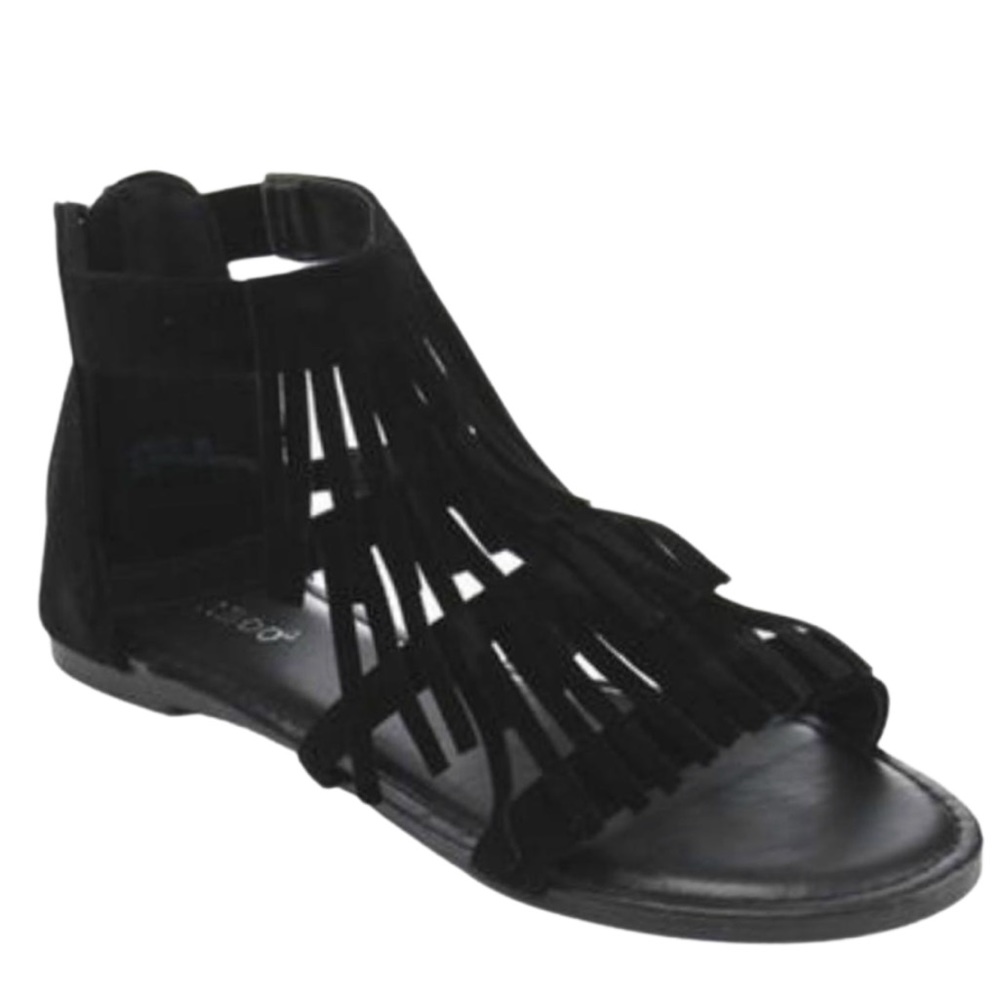 Bamboo Black Suede Fringe Flat Sandals